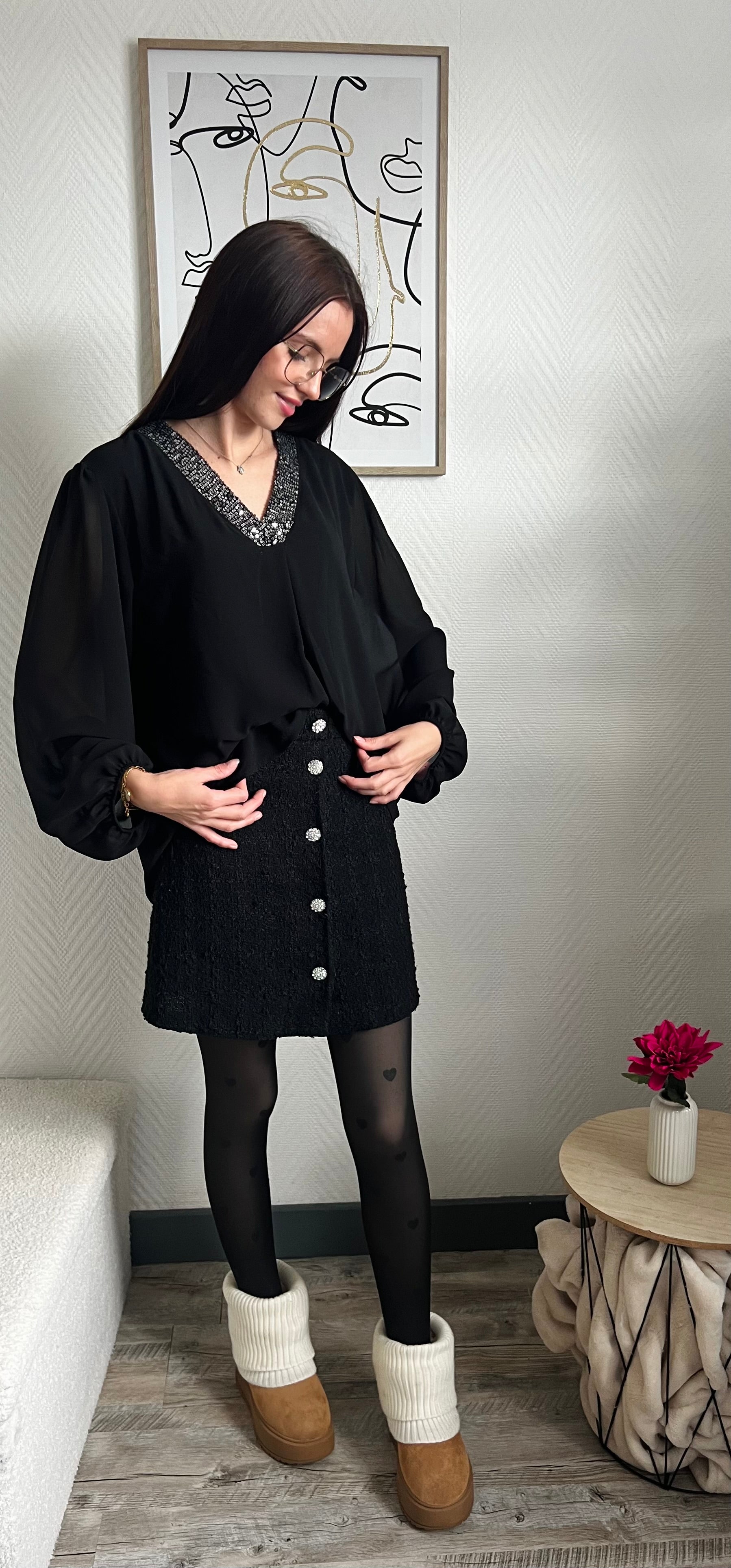 Blouse col à sequins (Livia) Noir